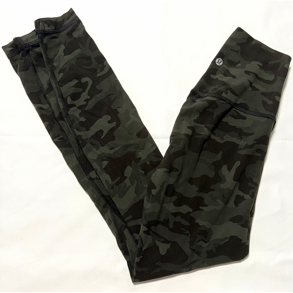 Lululemon Camo Ankle Leggings Pockets Stretch Logo Green Black Women's 4
